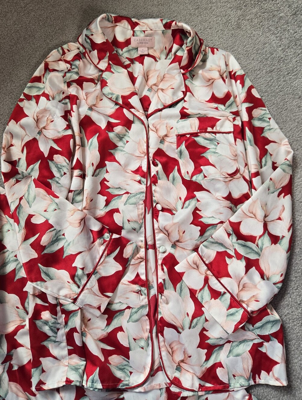 Cabernet by Sleep Sense Red White Floral Satin Long Pajamas Set S